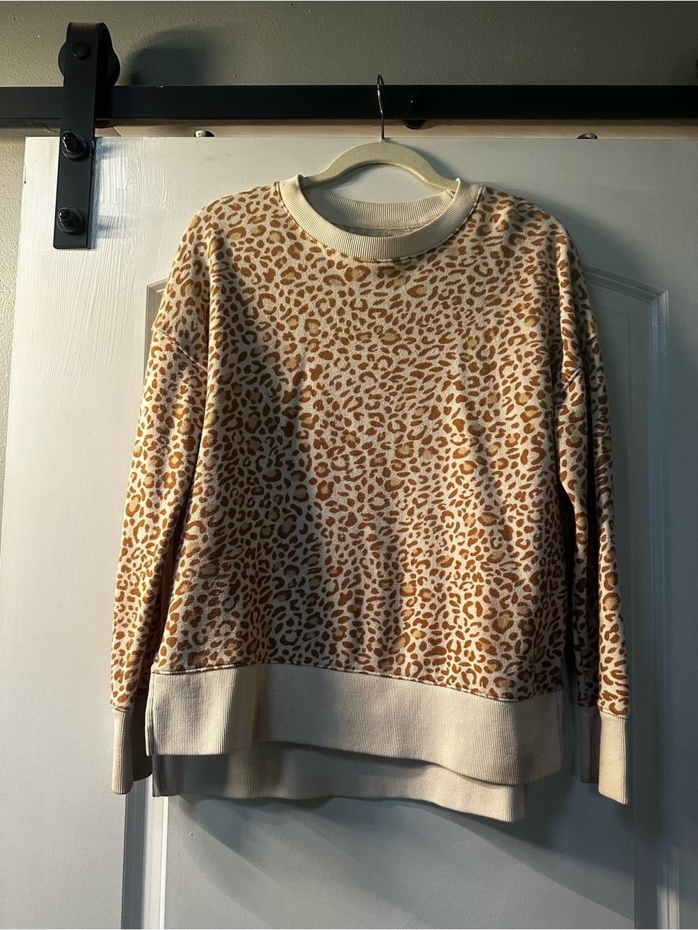 Time and Tru Cream and Tan Leopard-Print Crewneck Sweatshirt